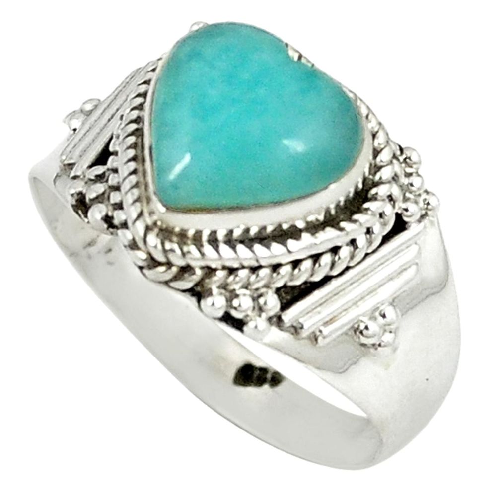 Natural green peruvian amazonite 925 sterling silver heart ring size 9 m2109