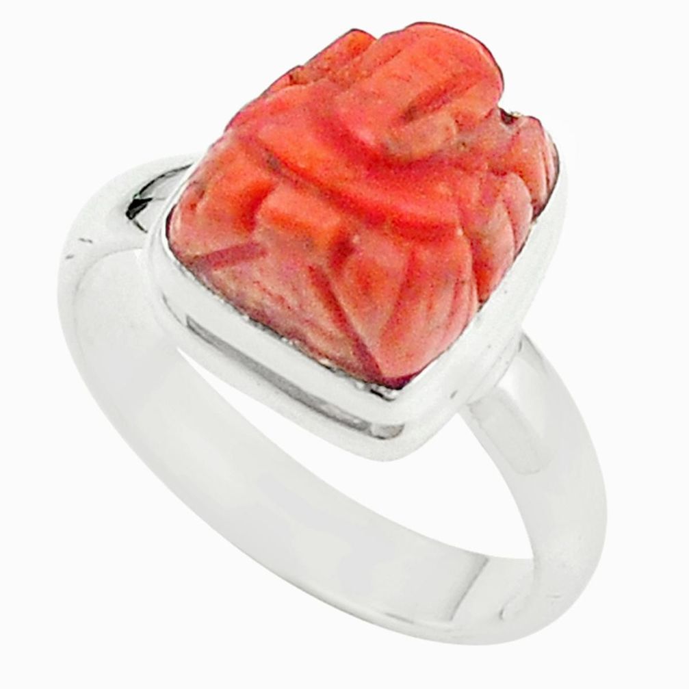 Natural red coral 925 silver symbol om with lord ganesha ring size 8 m22102