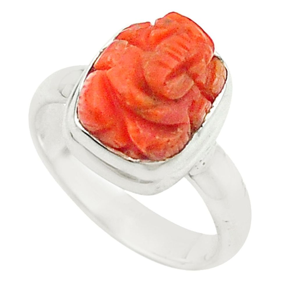 Natural red coral 925 silver symbol om with lord ganesha ring size 7.5 m22103