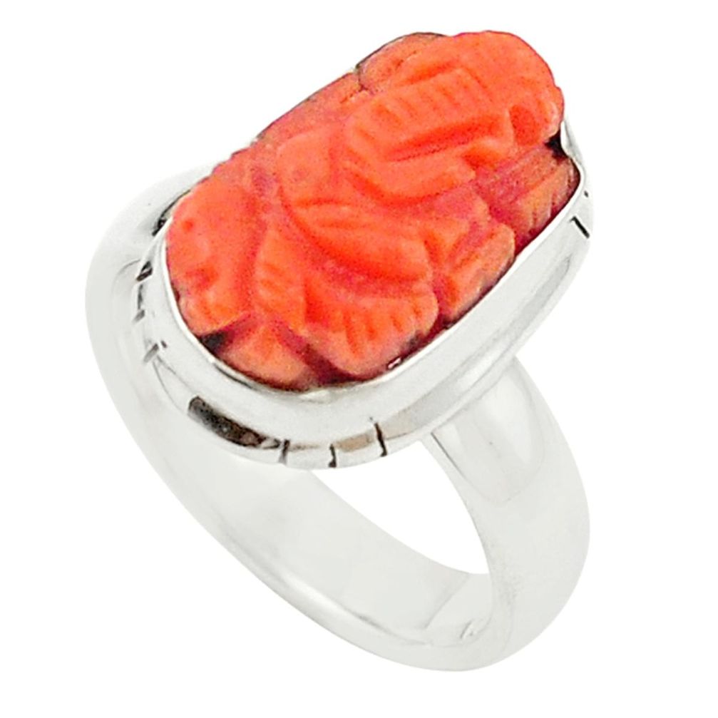 Natural Red Coral 925 Silver Symbol Om With Lord Ganesha Ring Size 8 M22106 Gemexi
