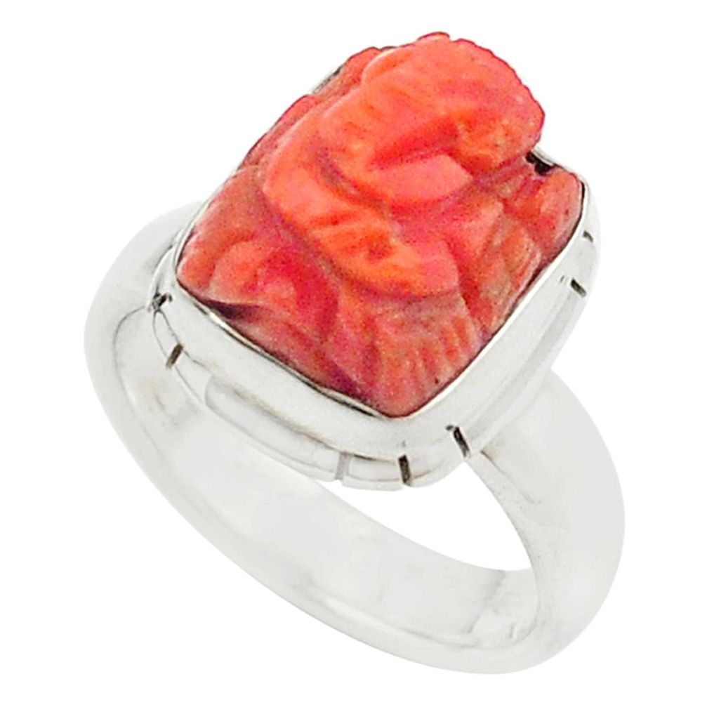 Natural red coral 925 silver symbol om with lord ganesha ring size 7 m22109