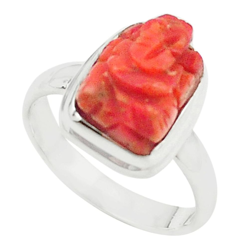 Natural red coral 925 silver symbol om with lord ganesha ring size 8.5 m22110