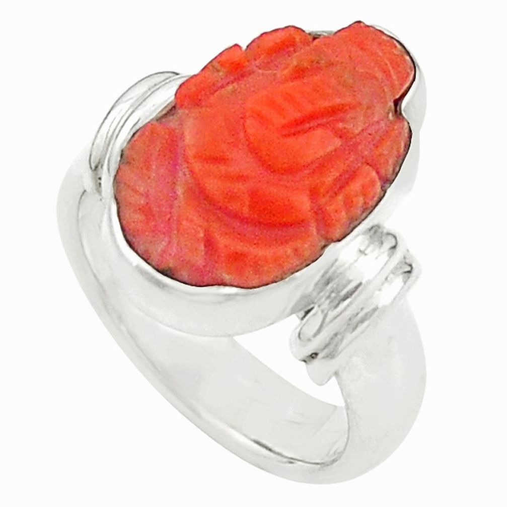 Natural red coral 925 silver symbol om with lord ganesha ring size 5.5 m22112