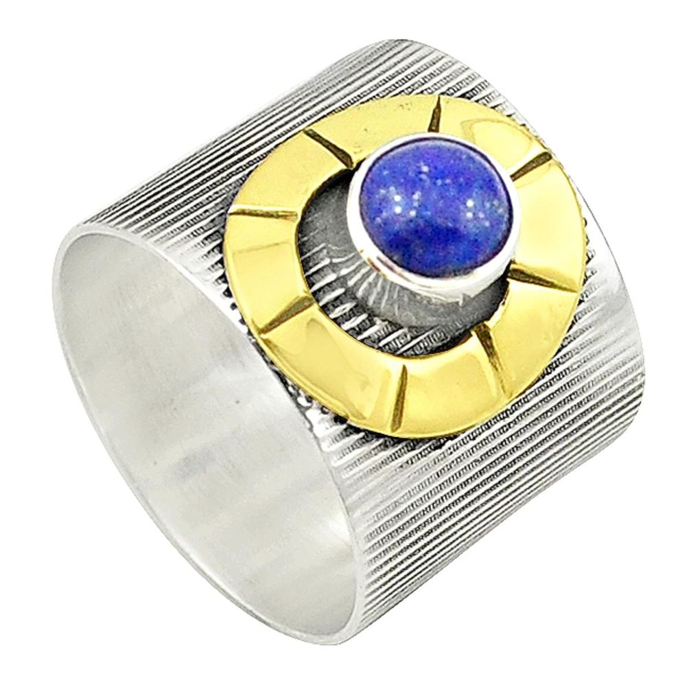 925 silver natural blue lapis lazuli two tone band ring jewelry size 6.5 m22424