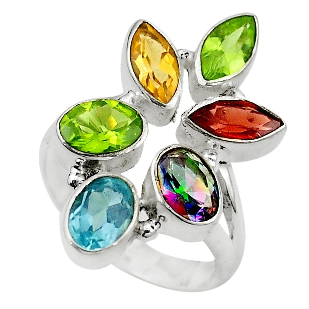 Natural green peridot rainbow topaz garnet 925 silver ring size 7.5 m23957