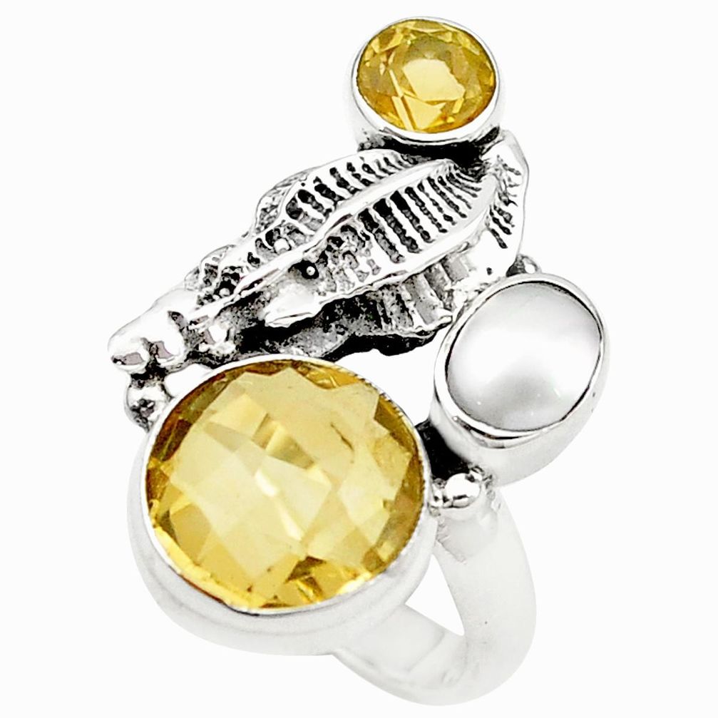 Natural yellow citrine pearl 925 sterling silver ring size 7 m24051