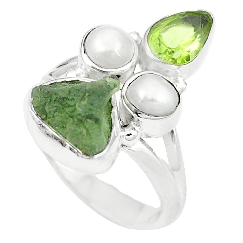 Natural green moldavite (genuine czech) pearl 925 silver ring size 6 m24893