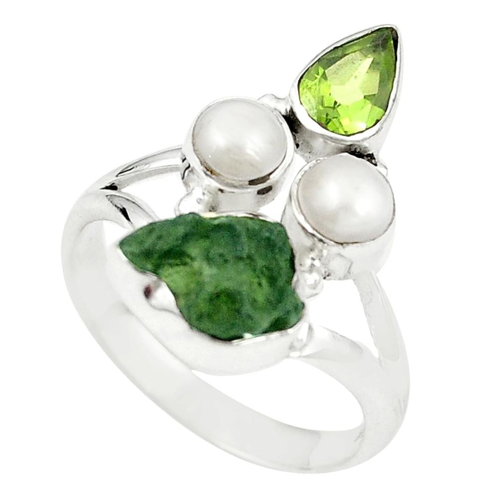 Natural green moldavite (genuine czech) pearl 925 silver ring size 9 m24900