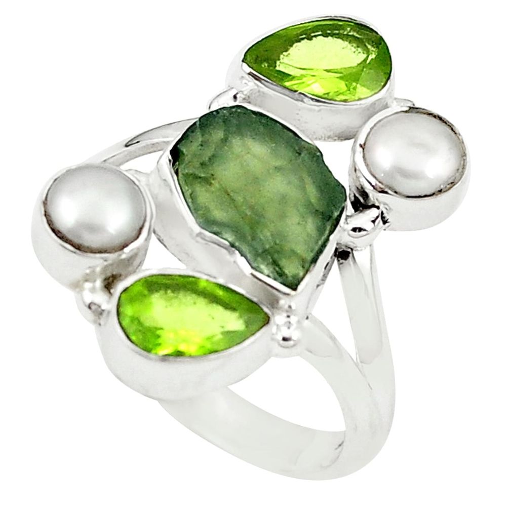 Natural green moldavite (genuine czech) peridot 925 silver ring size 8 m24907