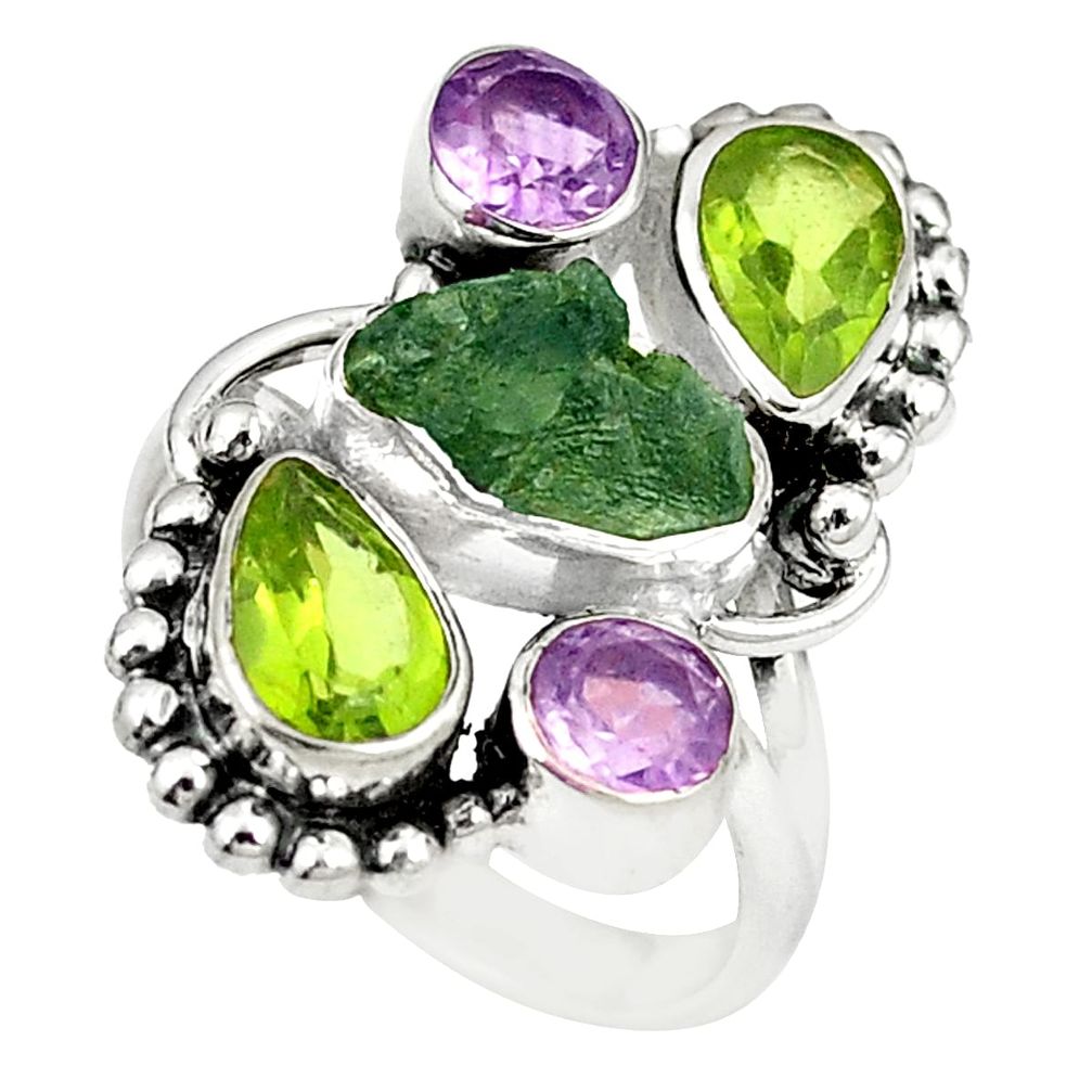 Natural green moldavite (genuine czech) peridot 925 silver ring size 7.5 m24908