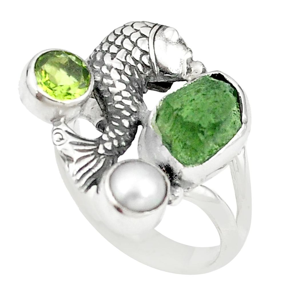 Natural green moldavite (genuine czech) 925 silver fish ring size 6.5 m24924