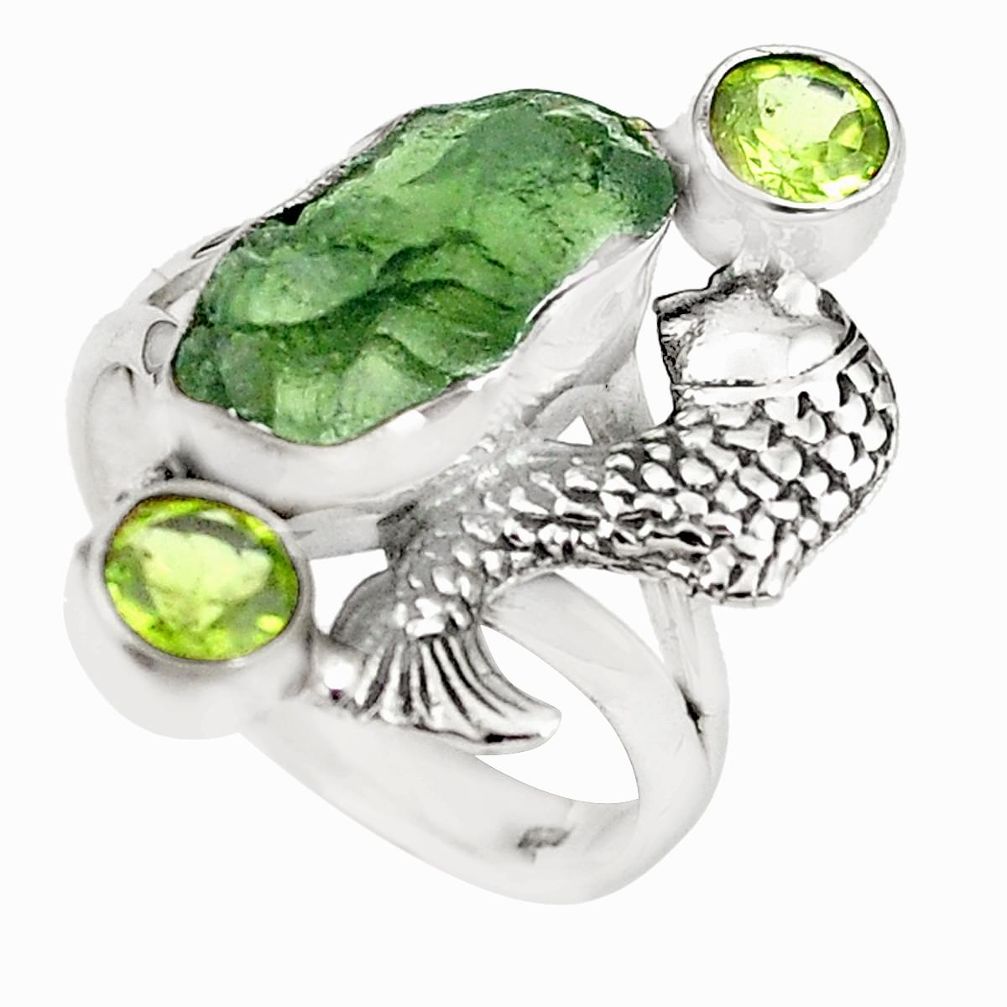 Natural green moldavite (genuine czech) 925 silver fish ring size 7 m24929