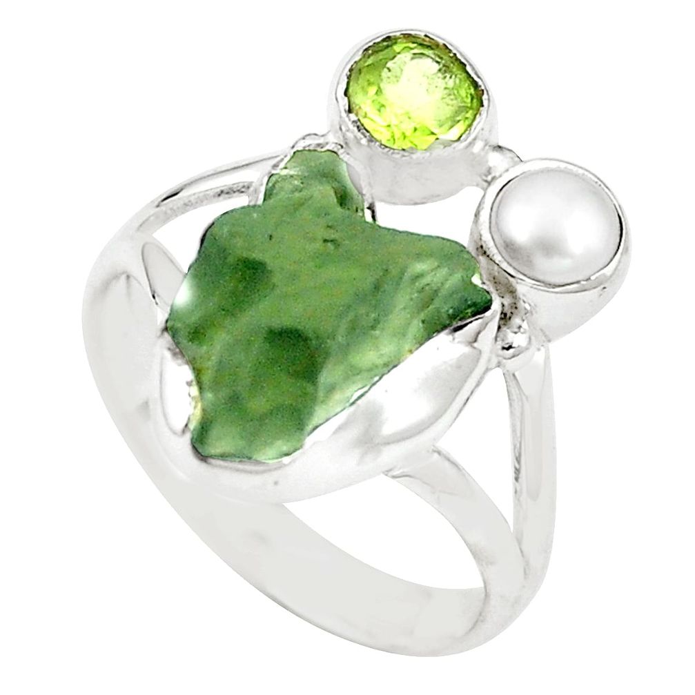 Natural green moldavite (genuine czech) peridot 925 silver ring size 8 m24931