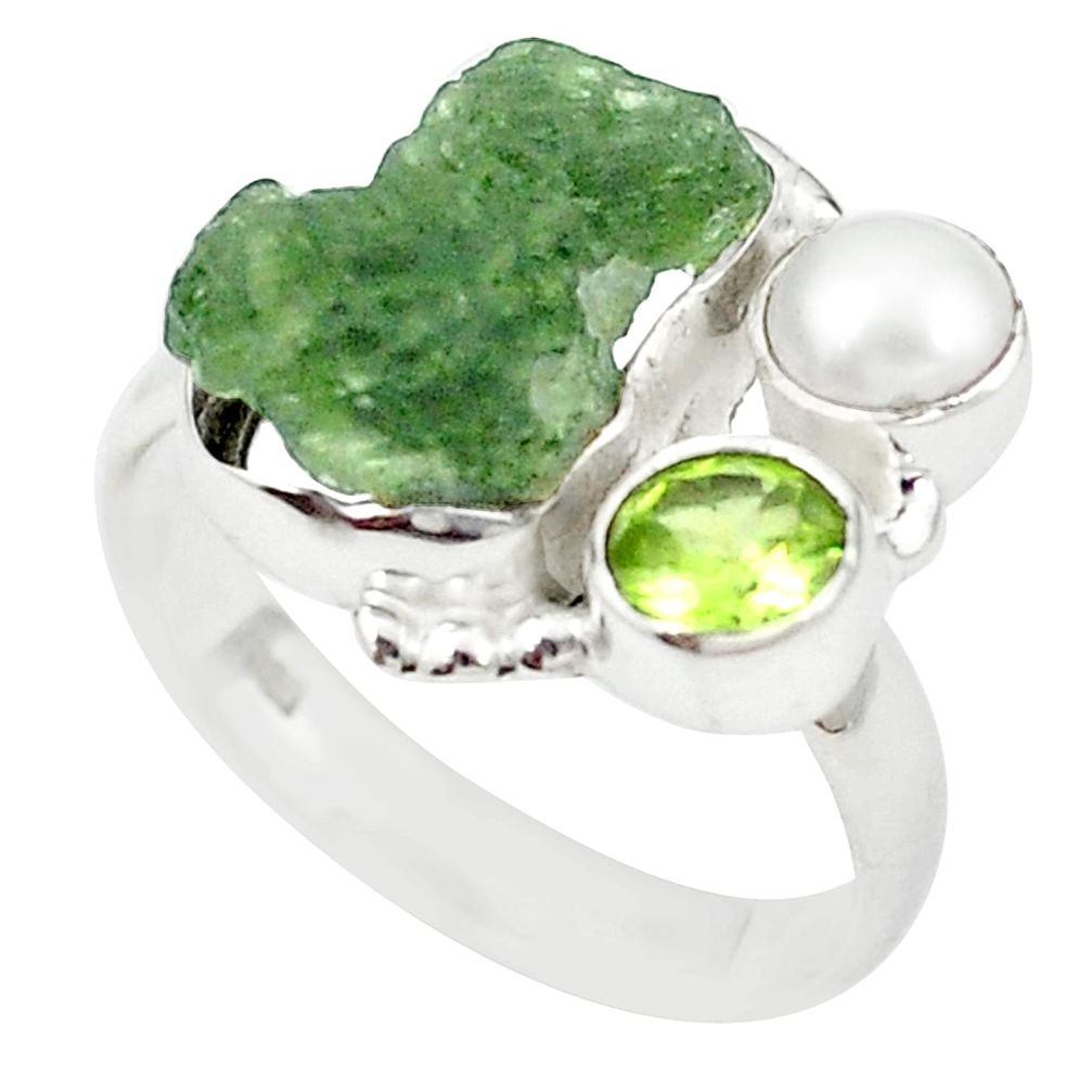 925 silver natural green moldavite (genuine czech) pearl ring size 8 m24958