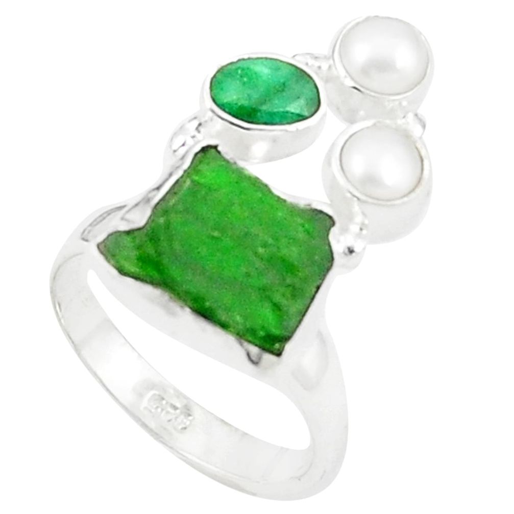 Green chrome diopside rough emerald pearl 925 silver ring size 6.5 m25178