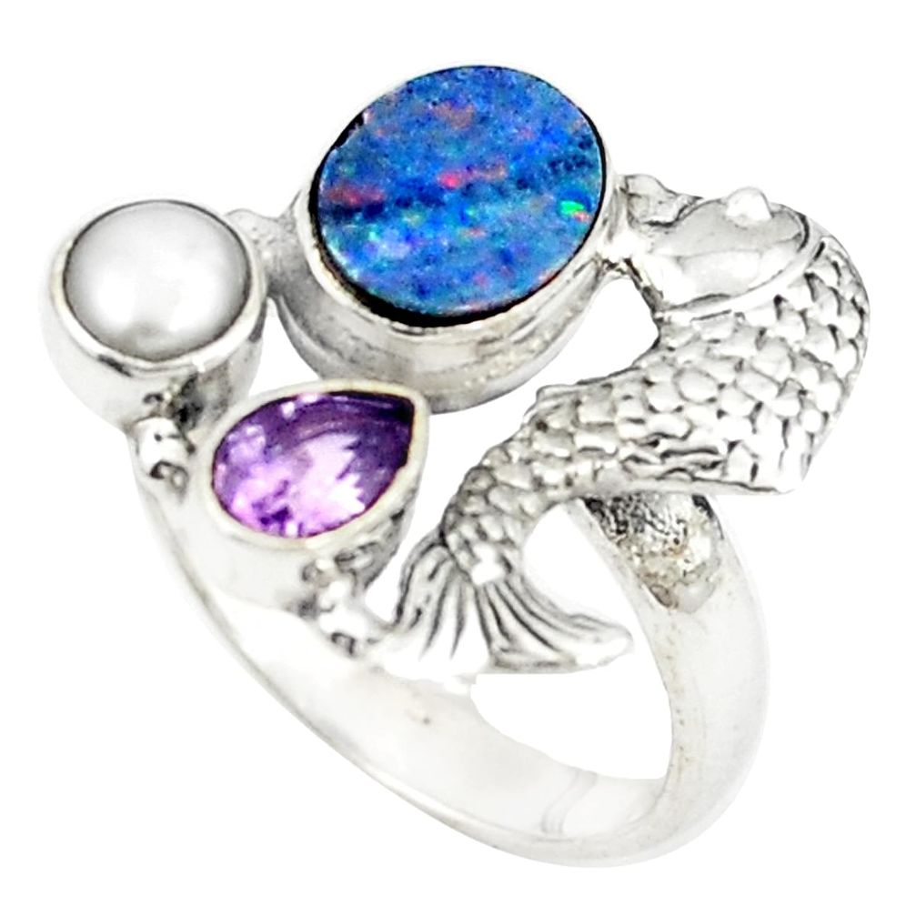 925 silver natural blue doublet opal australian fish ring jewelry size 8 m25252