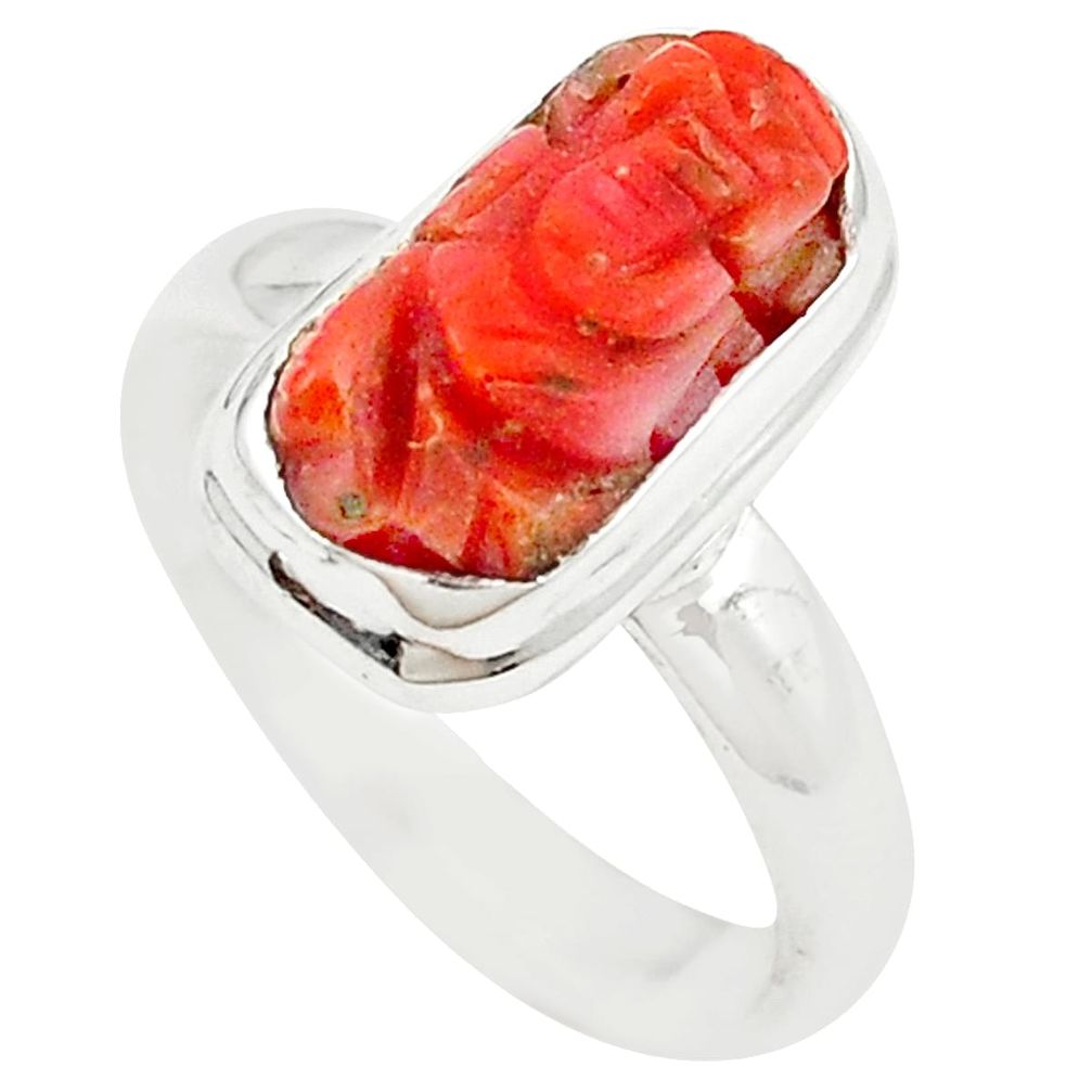 Natural red coral 925 sterling silver lord ganesha ring size 8.5 m25921