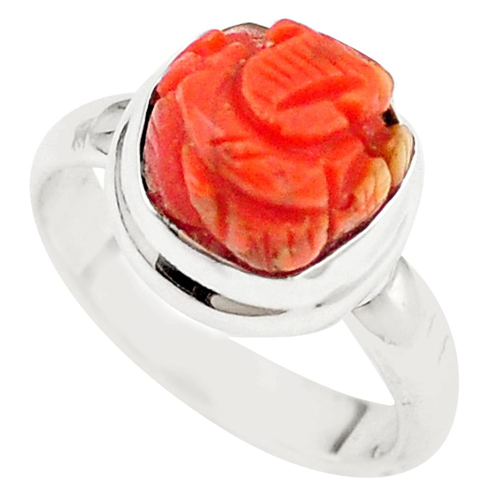 Natural red coral 925 sterling silver lord ganesha ring size 8 m25922