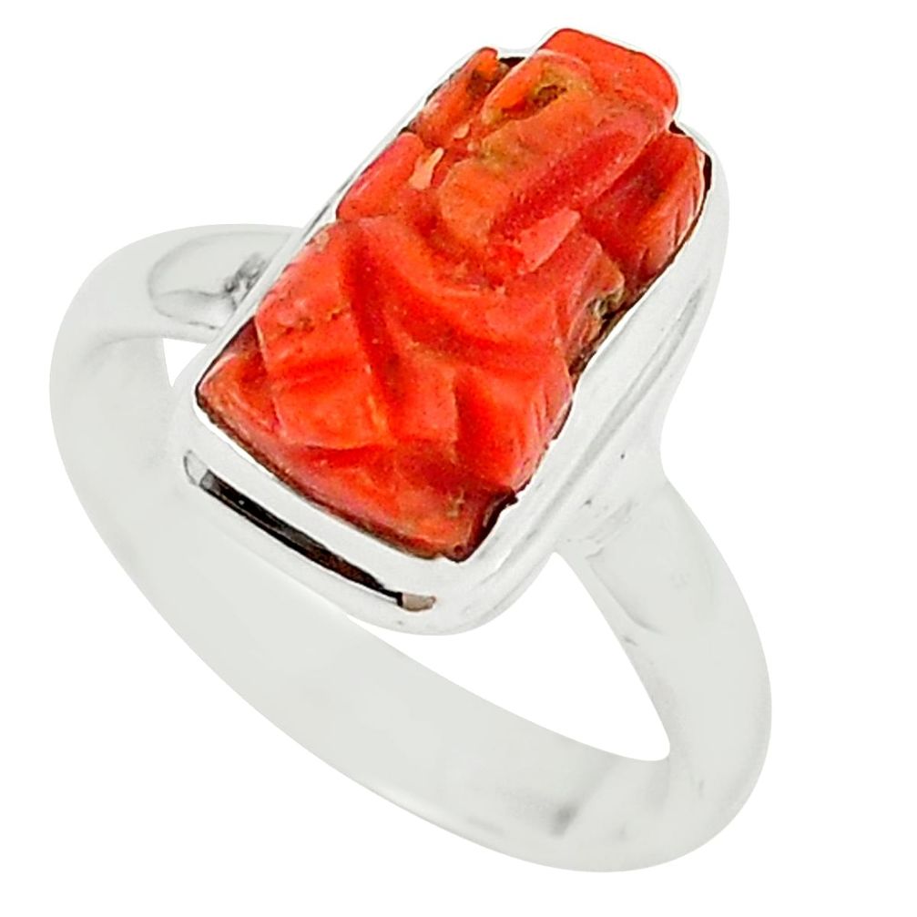 925 sterling silver natural red coral lord ganesha ring jewelry size 8 m25924