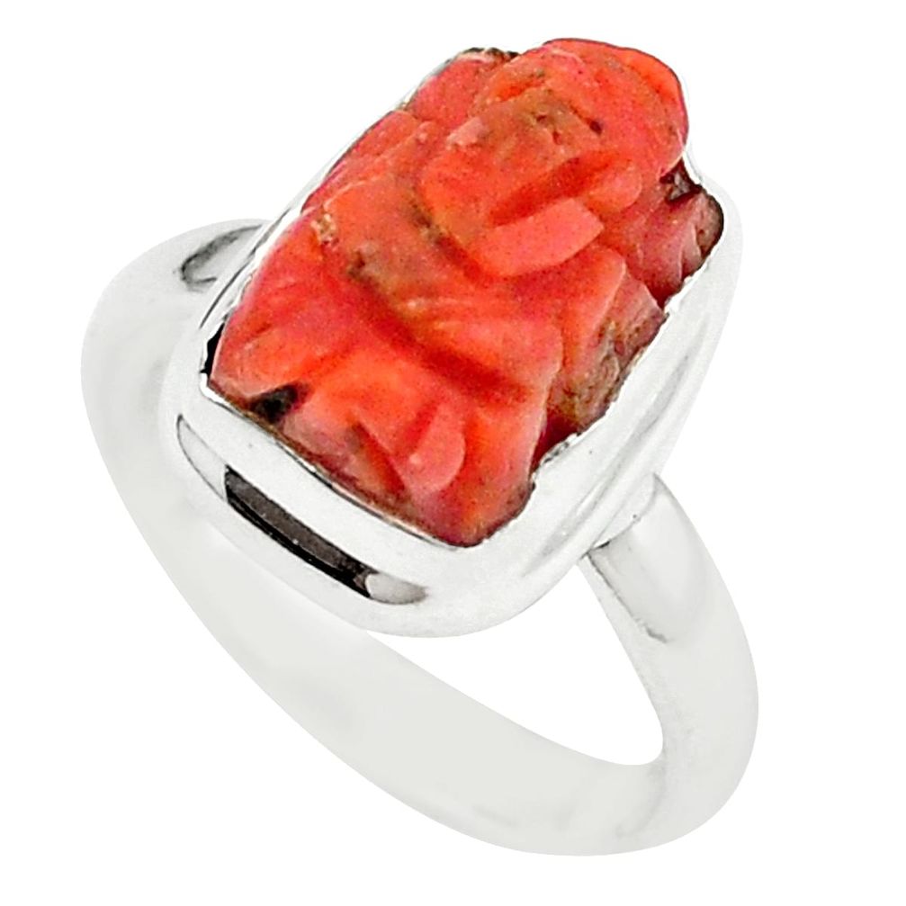 Natural red coral 925 sterling silver lord ganesha ring jewelry size 7.5 m25926