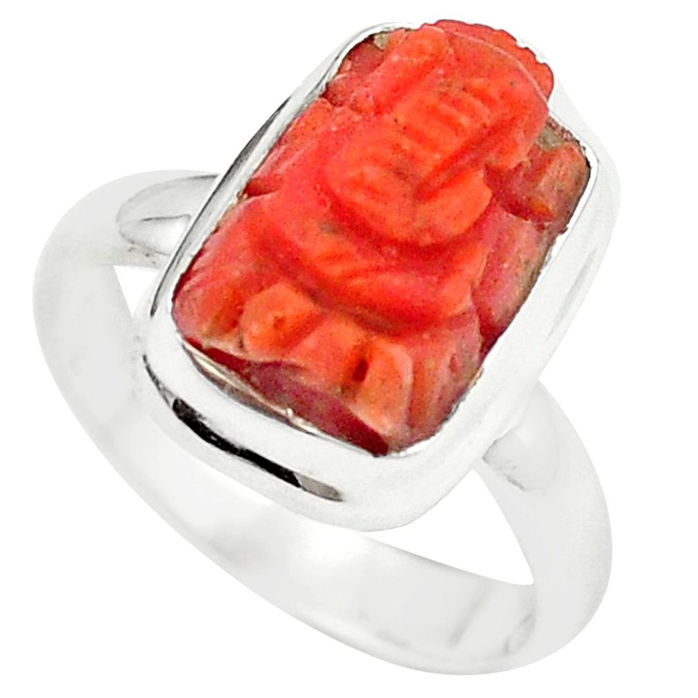 Natural red coral 925 sterling silver lord ganesha ring jewelry size 8.5 m25928