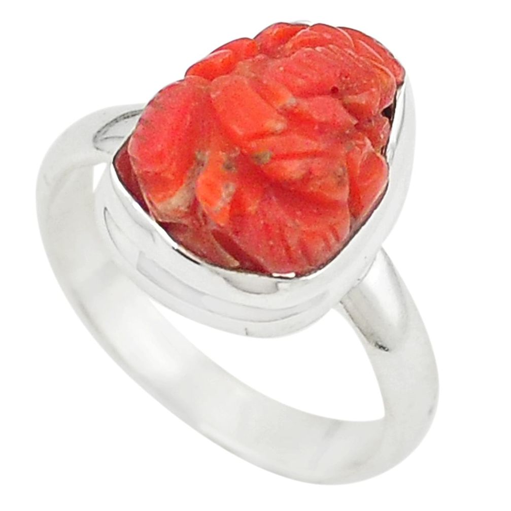 925 sterling silver natural red coral lord ganesha ring jewelry size 7.5 m26020
