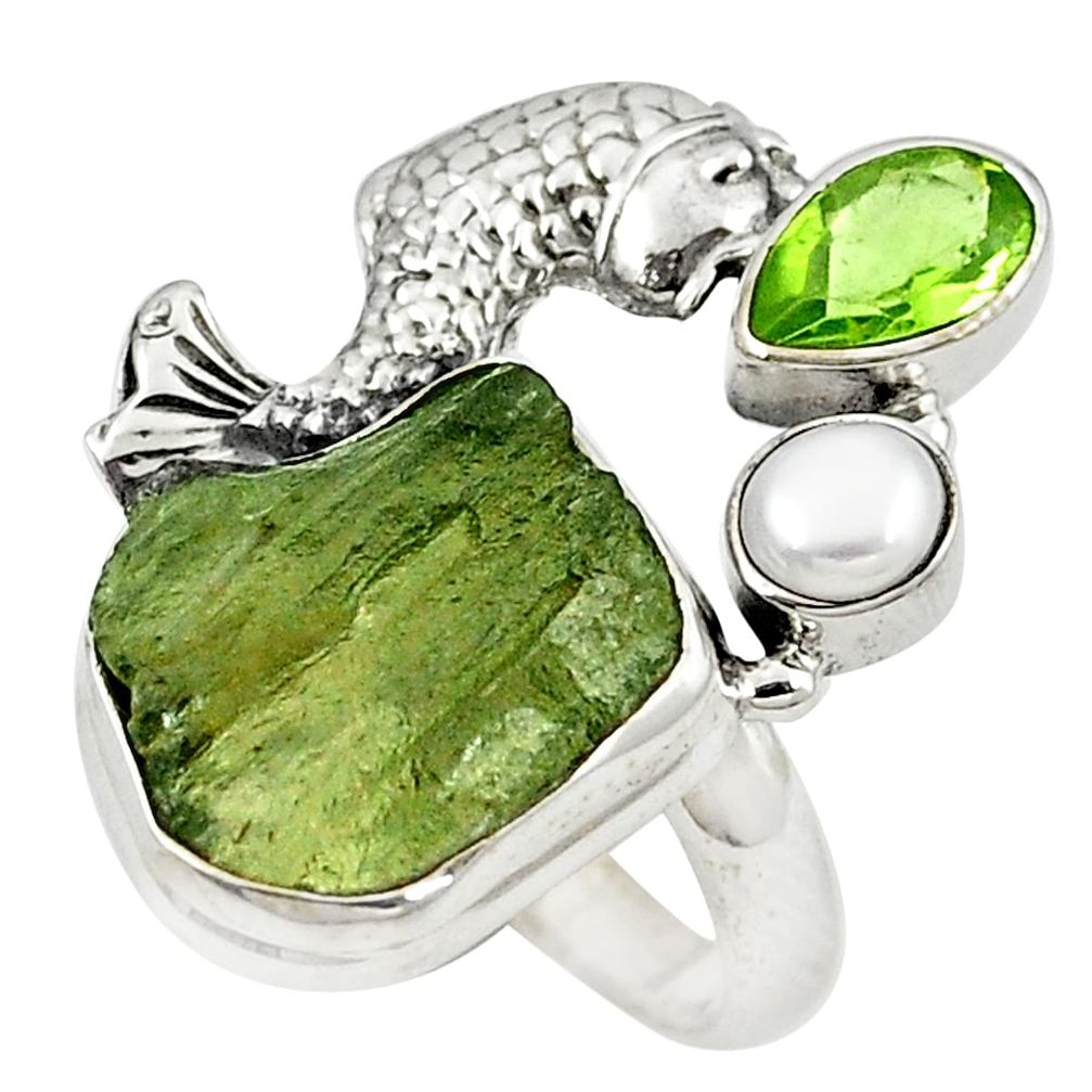 Natural green moldavite (genuine czech) 925 silver fish ring size 7.5 m26046