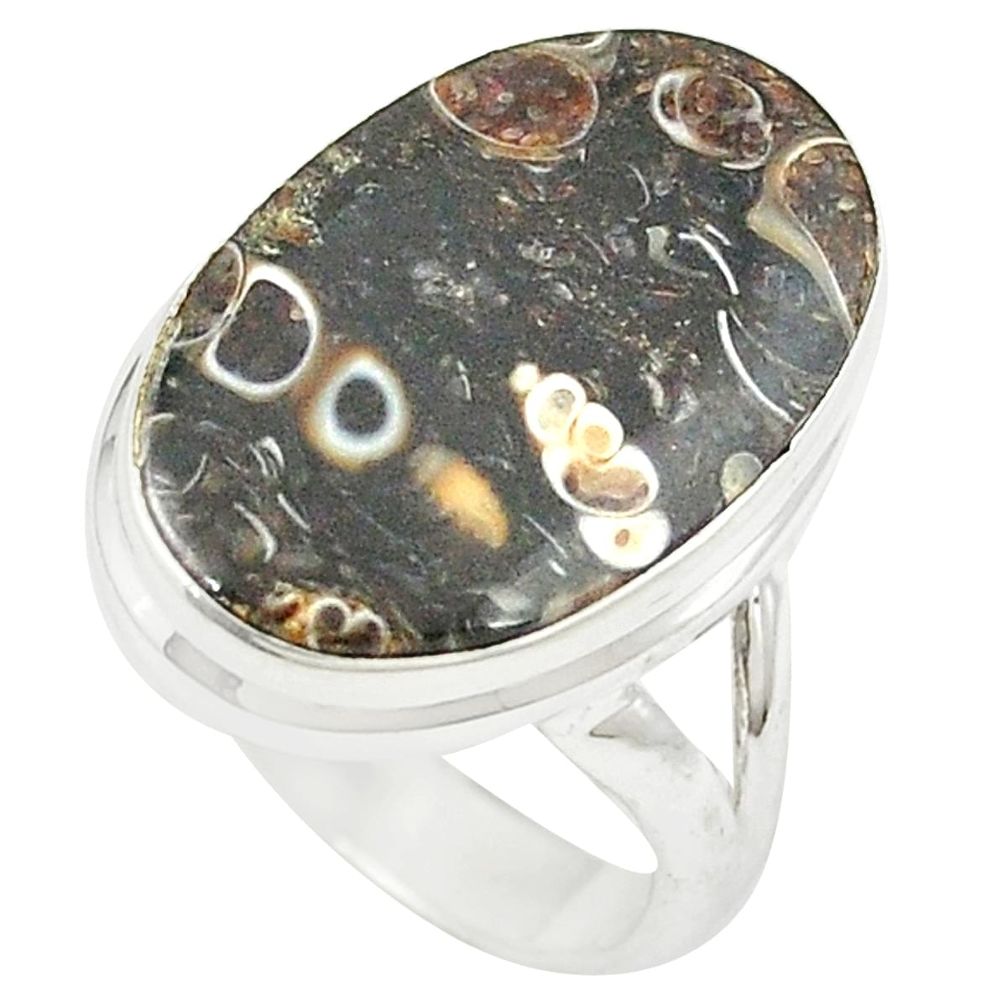 Natural brown turritella fossil snail agate 925 silver ring size 7 m26131