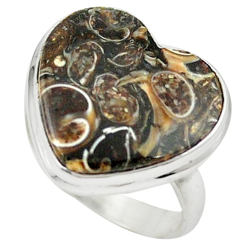 Natural brown turritella fossil snail agate heart 925 silver ring size 8 m26134
