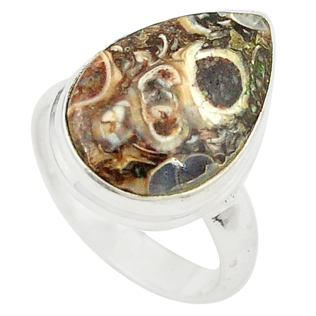 Natural brown turritella fossil snail agate 925 silver ring size 6.5 m26136