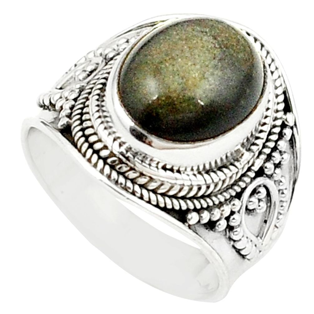 Natural golden sheen black obsidian 925 sterling silver ring size 6.5 m26856