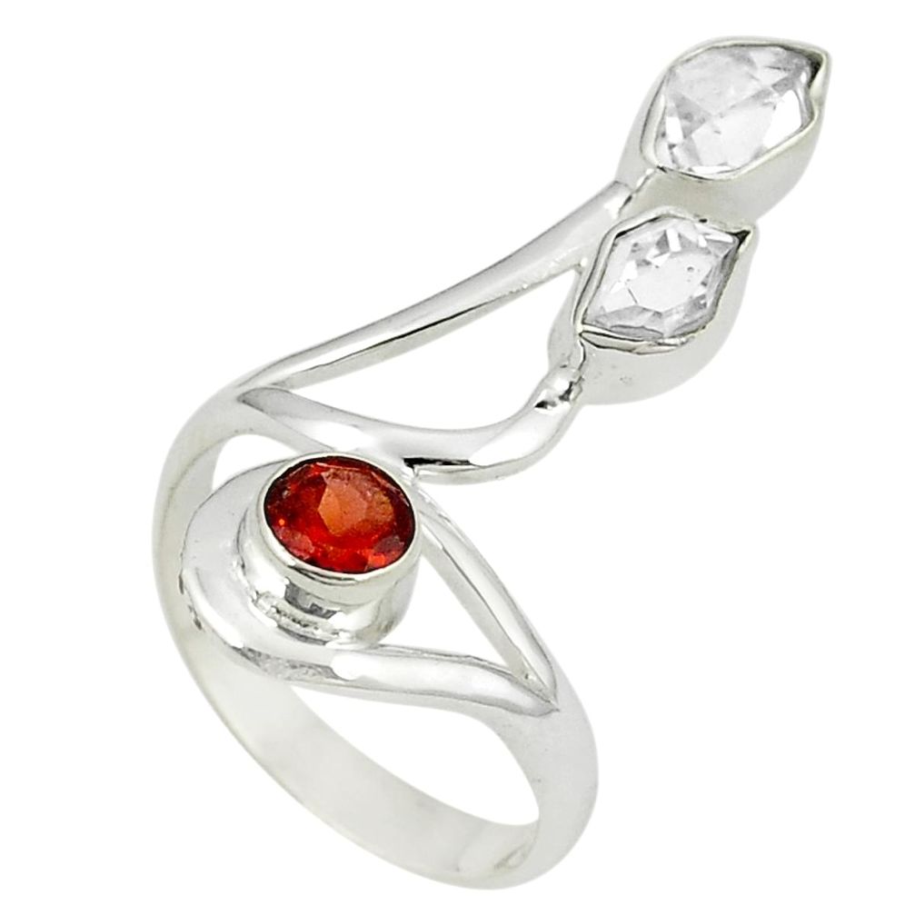 Natural white herkimer diamond red garnet 925 silver ring size 6.5 m27016