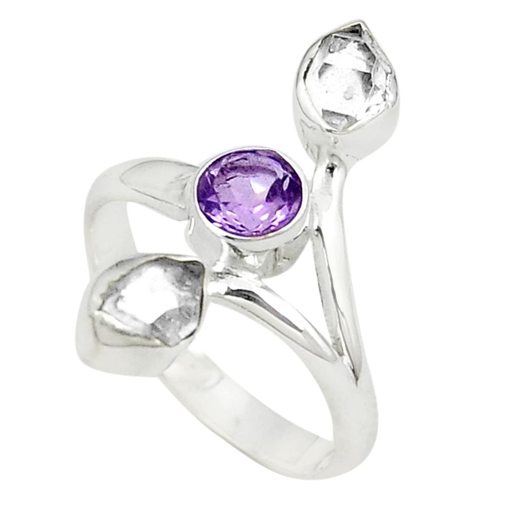 Natural white herkimer diamond amethyst 925 silver ring size 6.5 m27028