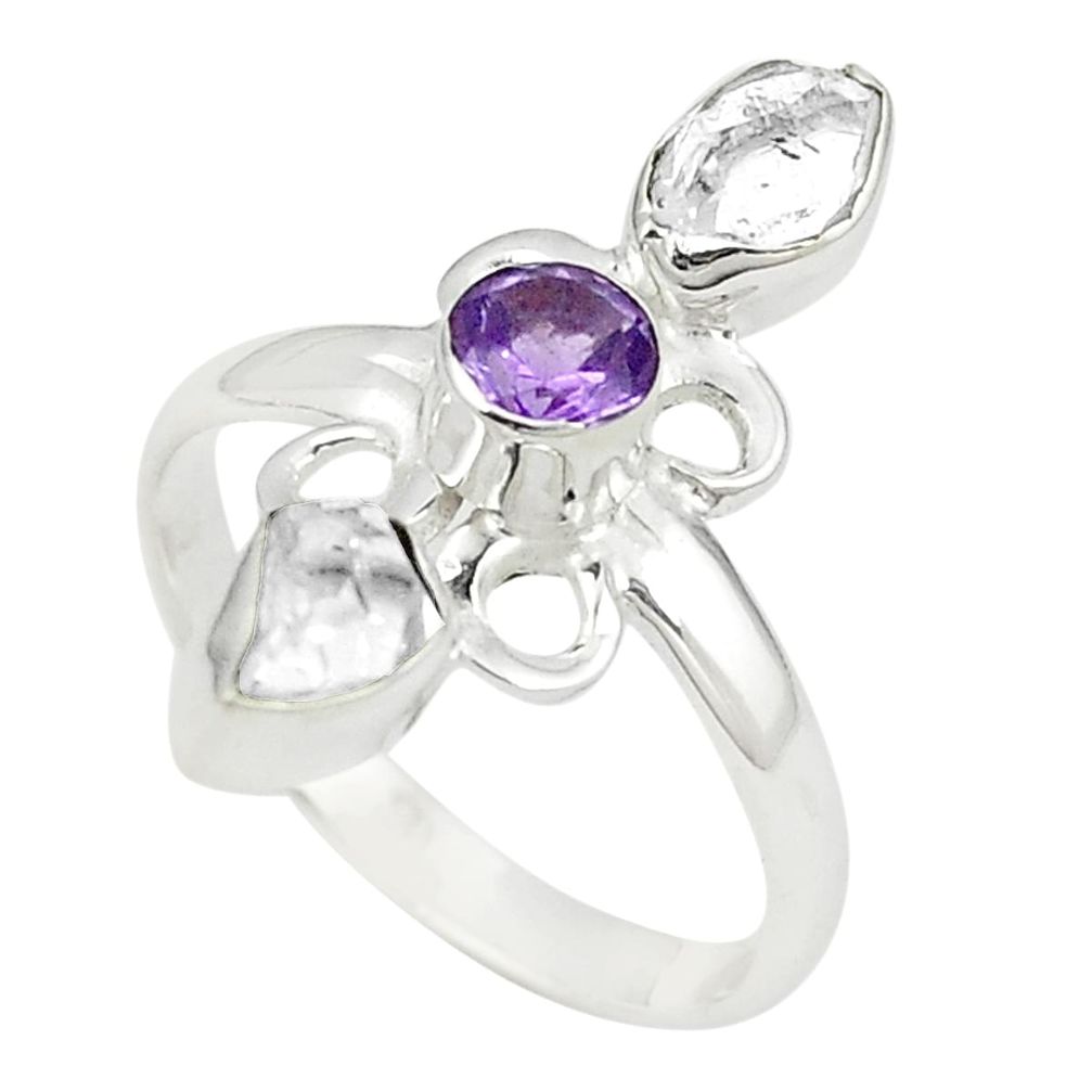 Natural white herkimer diamond amethyst 925 silver ring size 9 m27041