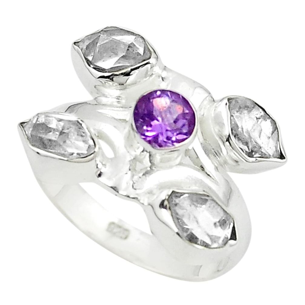 Natural white herkimer diamond amethyst 925 silver ring size 7 m27067