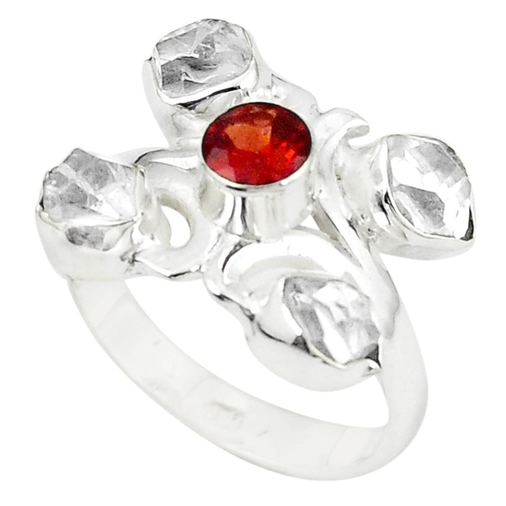 Natural white herkimer diamond red garnet 925 silver ring size 6.5 m27072