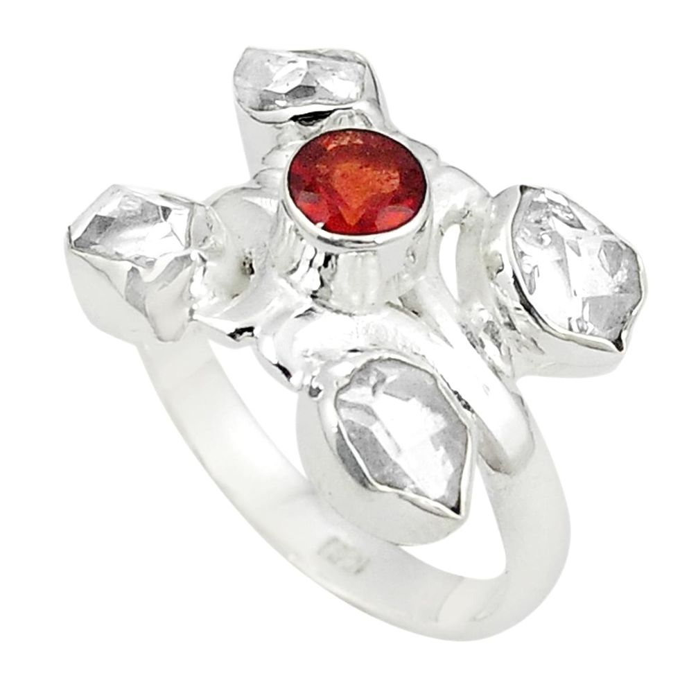 Natural white herkimer diamond red garnet 925 silver ring size 7.5 m27080