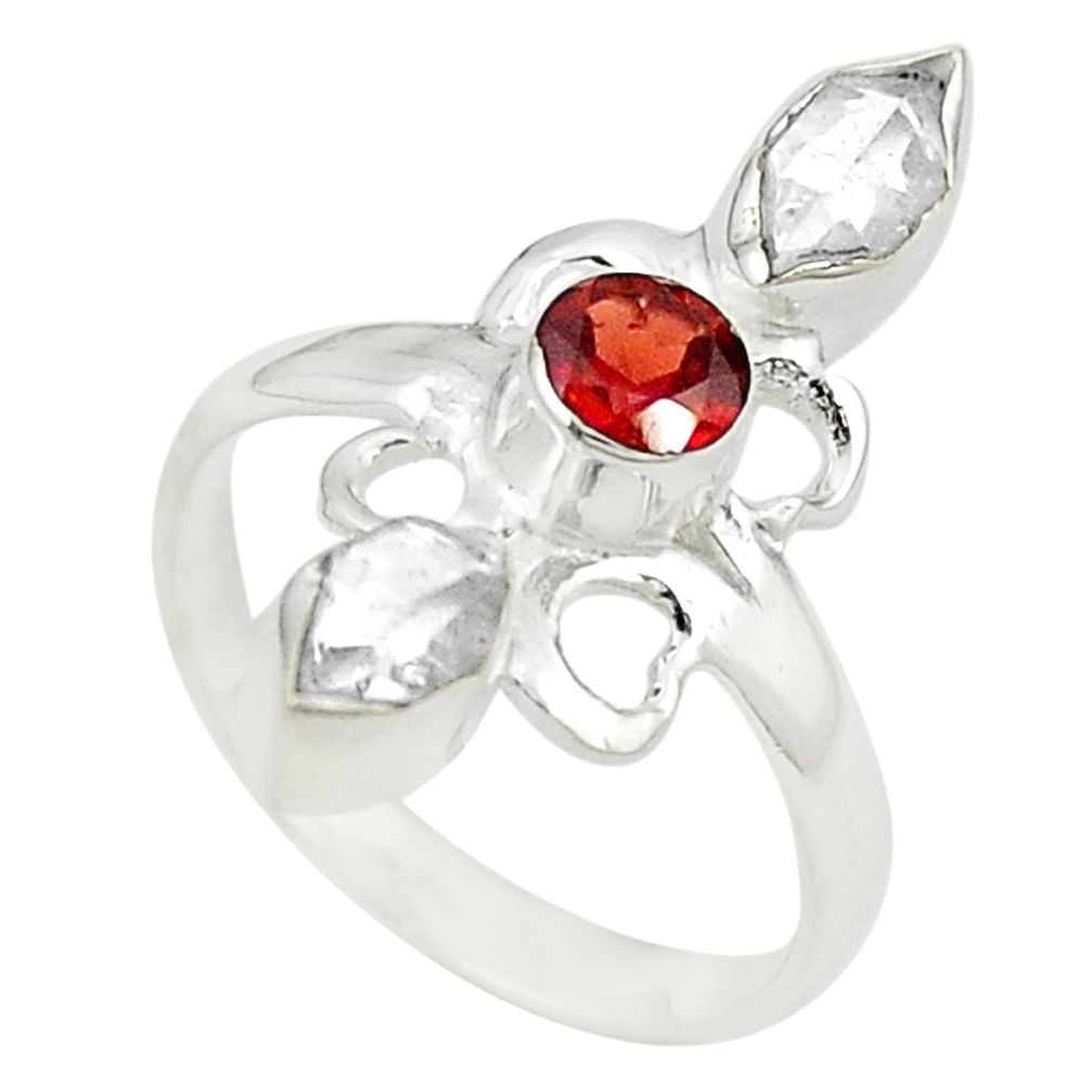 Natural white herkimer diamond red garnet 925 silver ring size 7.5 m28877