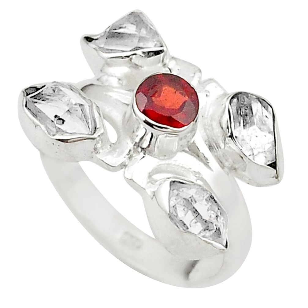 Natural white herkimer diamond red garnet 925 silver ring size 7.5 m28900