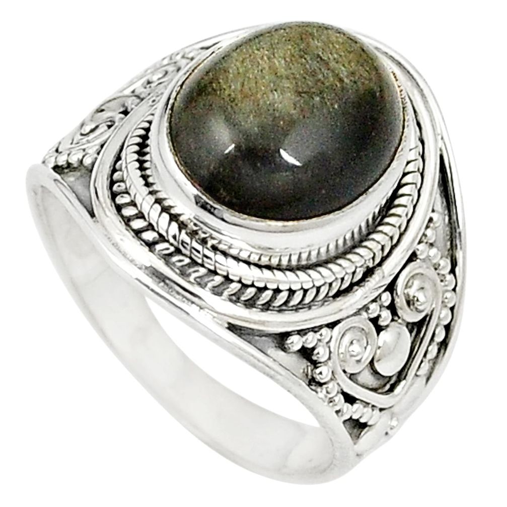 Natural golden sheen black obsidian 925 silver ring jewelry size 7 m29852