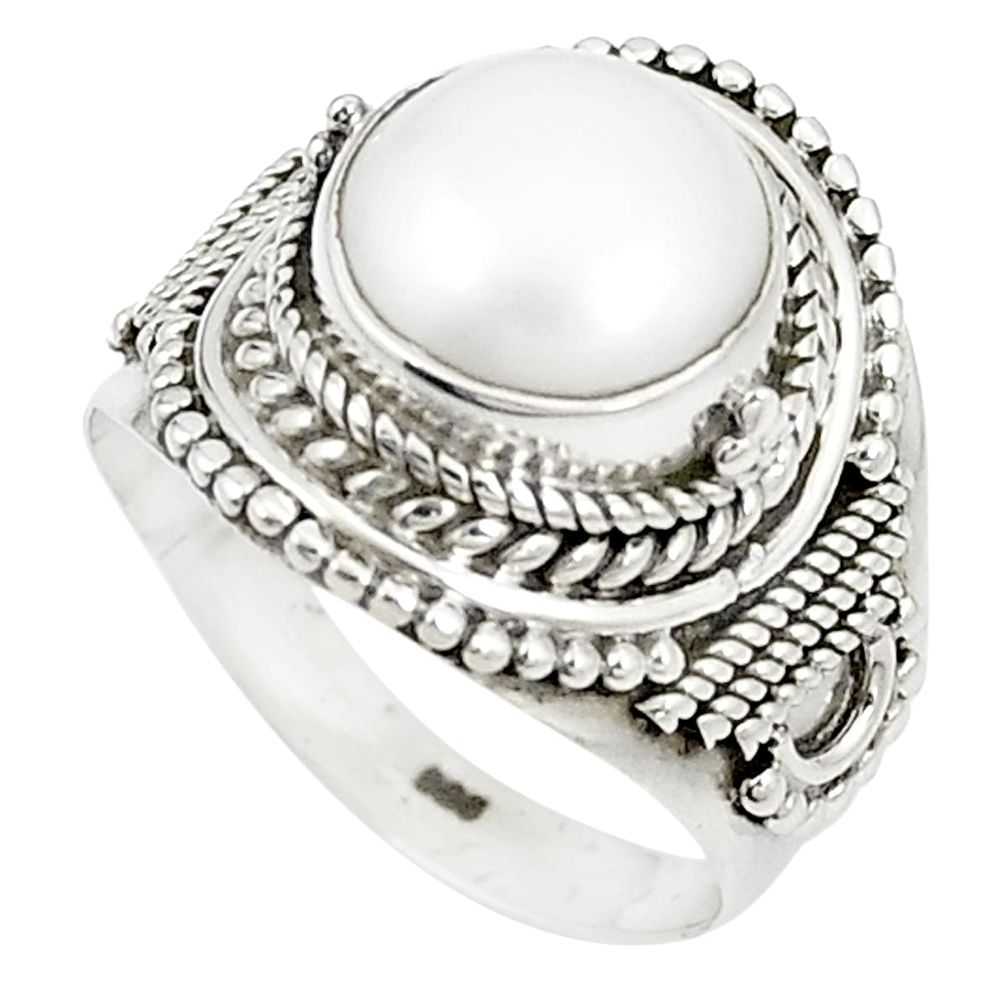 Natural white pearl round 925 sterling silver ring jewelry size 7 m30028