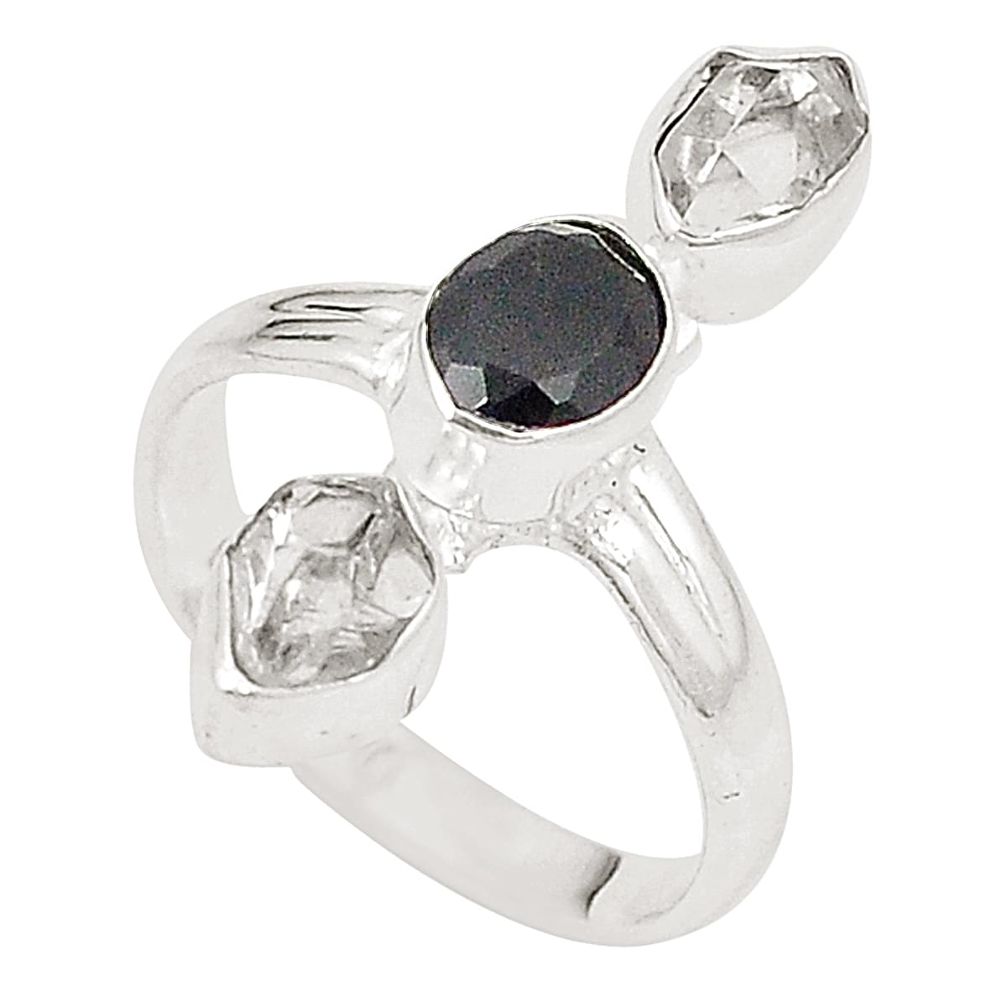 Natural black onyx herkimer diamond 925 sterling silver ring size 7 m30092