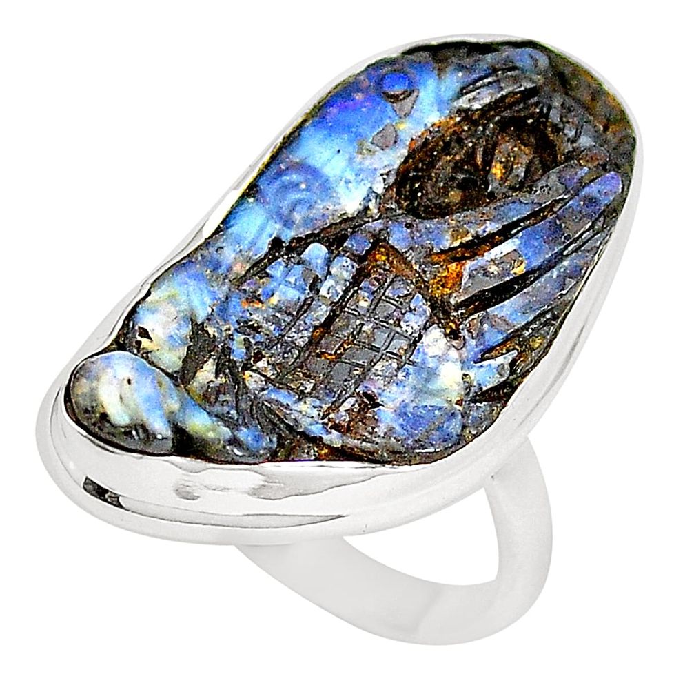 Natural blue boulder opal carving 925 silver ring jewelry size 10 m30799