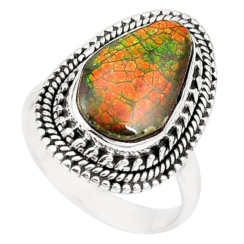 Natural multi color ammolite (canadian) 925 sterling silver ring size 7.5 m35683