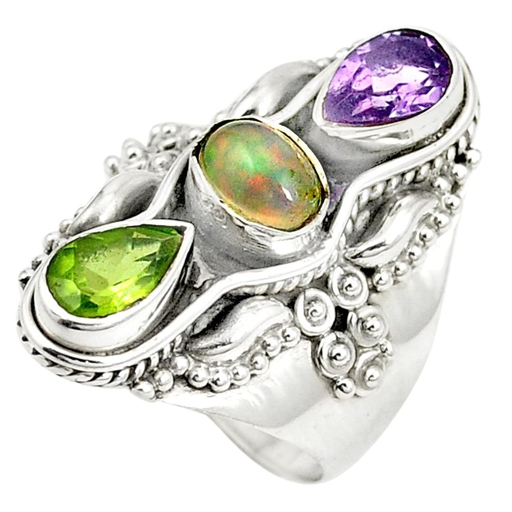 Natural multi color ethiopian opal amethyst 925 silver ring size 7 m36049