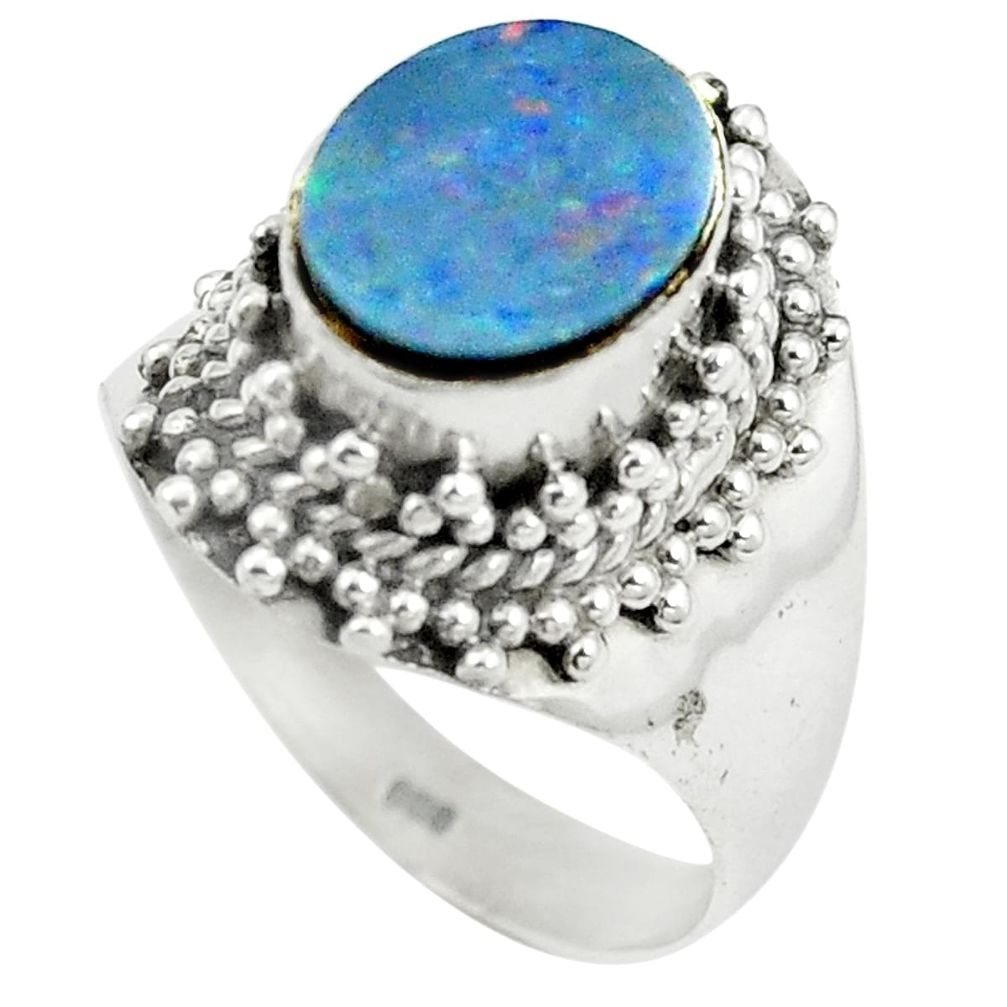 Natural blue doublet opal australian 925 silver ring jewelry size 7 m37171