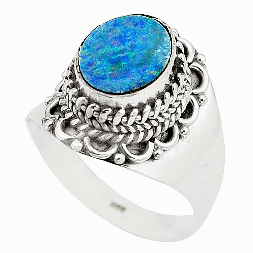 Natural blue doublet opal australian 925 silver ring size 8.5 m37187