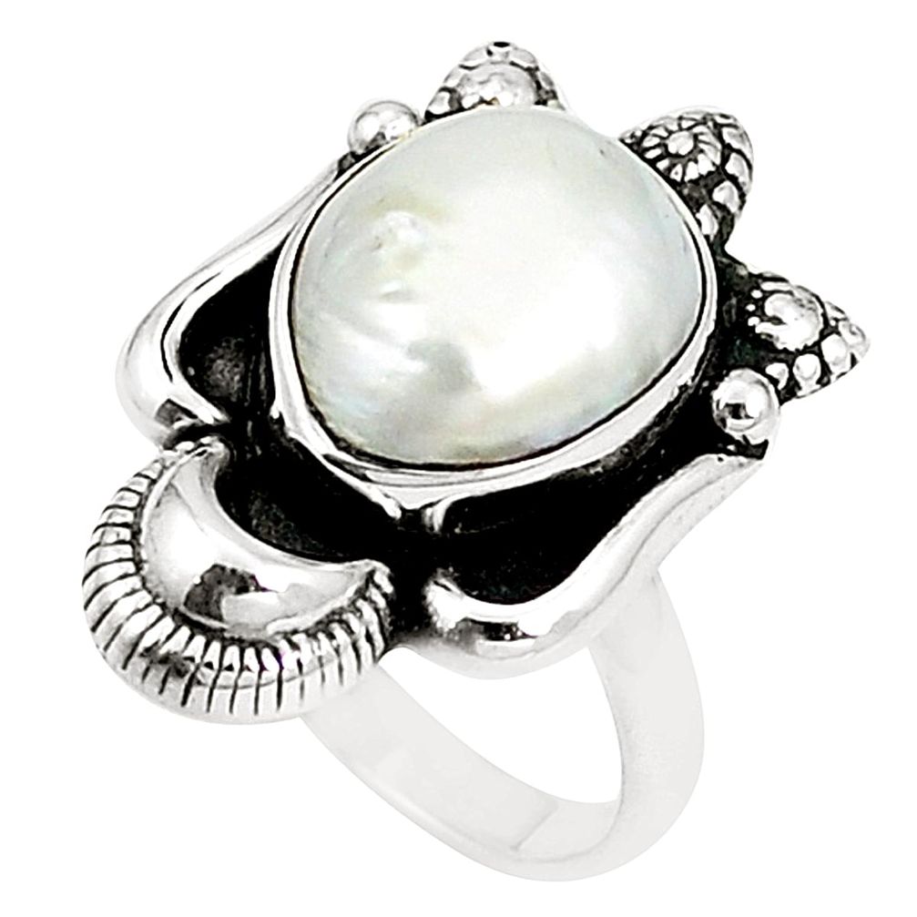 Natural white pearl fancy 925 sterling silver ring jewelry size 7.5 m38232