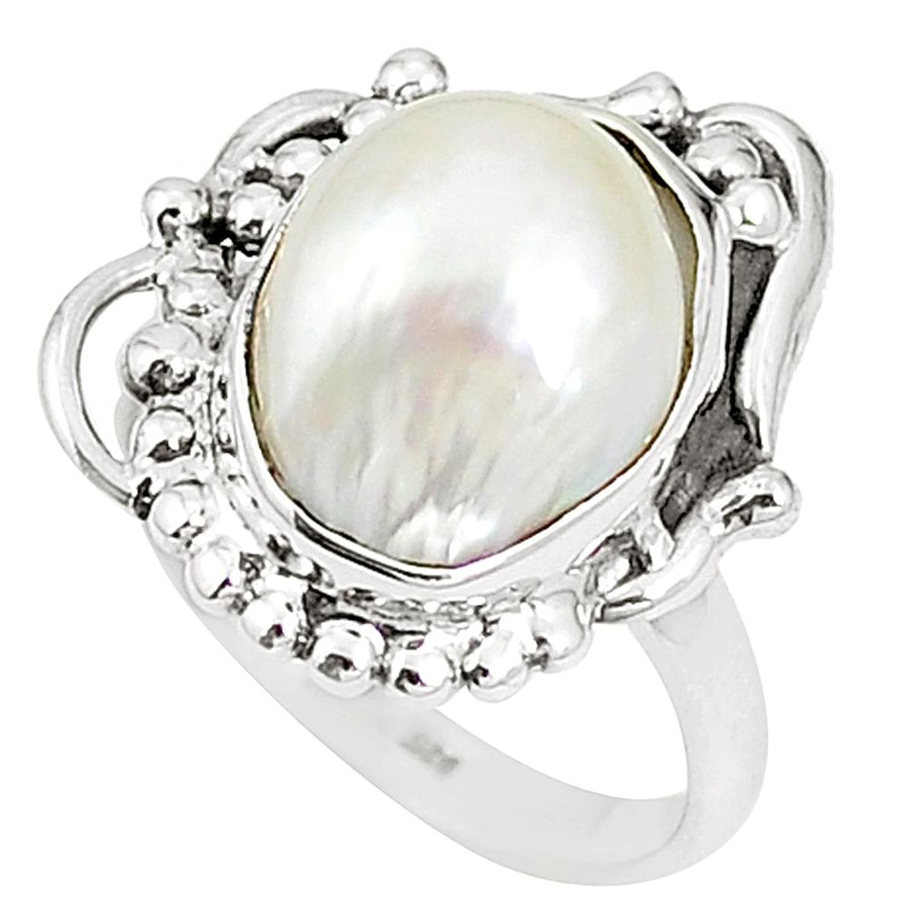 Natural white pearl fancy 925 sterling silver ring jewelry size 7.5 m38313