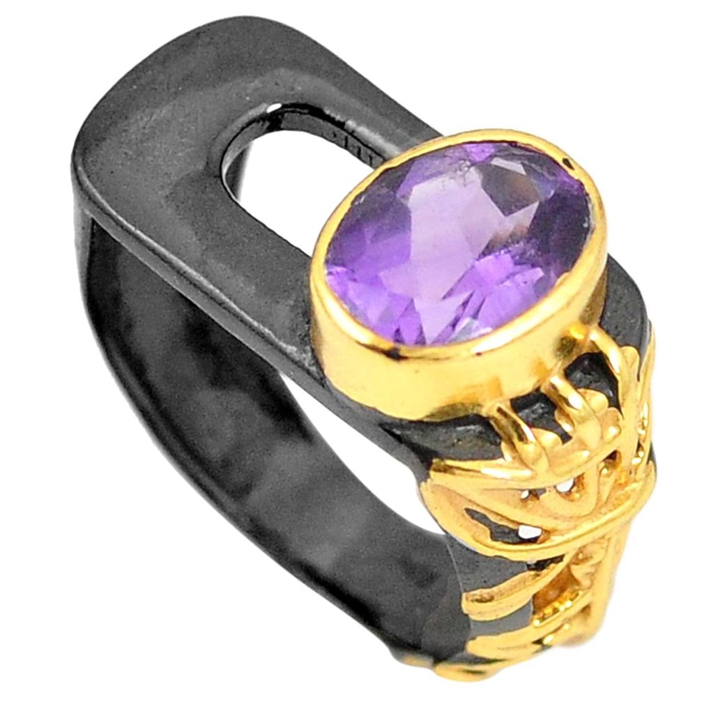 Natural purple amethyst black rhodium 925 silver 14k gold ring size 7.5 m38662